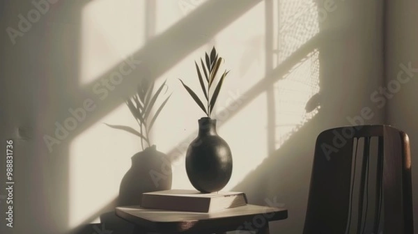 Fototapeta A chic corner with a black vase on a stack of books, gently illuminated by sunlight streaming through a window, casting intricate patterns.
