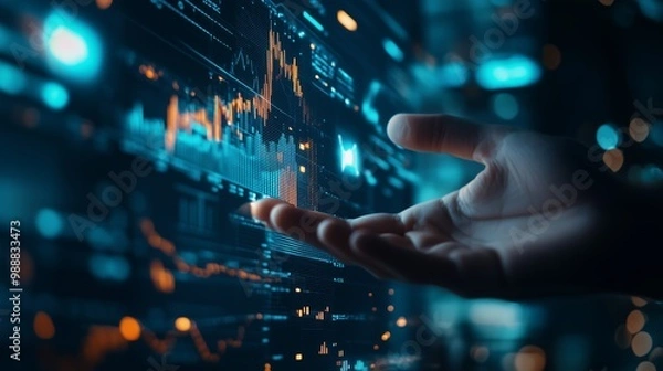 Fototapeta A hand reaching towards a digital interface displaying financial charts and analytics in a high-tech environment