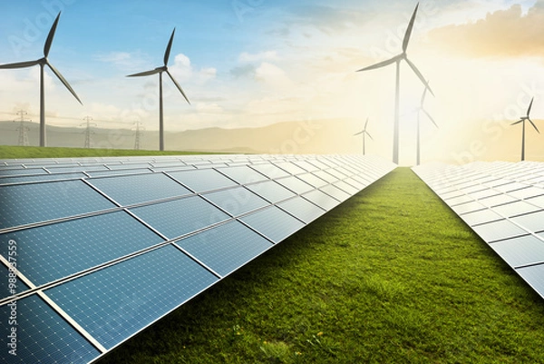 Obraz Solar farm with wind turbine at sunset on green field, Clean energy and sustainable resource concept.