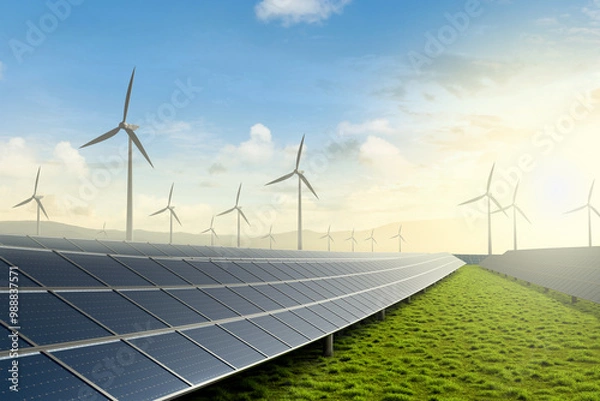 Obraz Solar farm and wind turbine on green fields with beautiful sunset background.