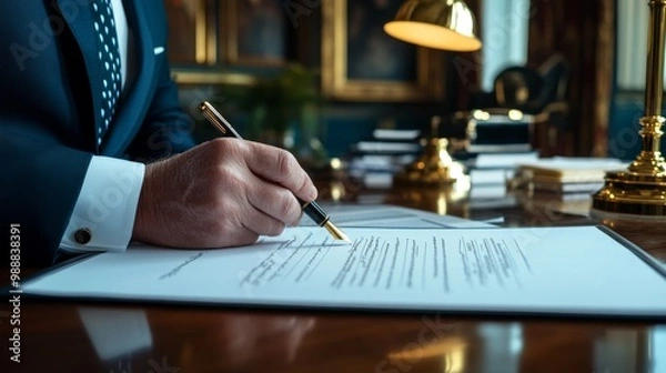 Obraz A distinguished individual signs an official document on a polished desk, surrounded by a sophisticated office setting.
