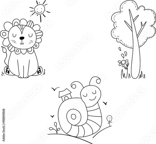 Fototapeta Vector illustration of children's coloring pages. simple linear pictures for a cute children's book. art. beautiful nature and animals, lion, tree, snail