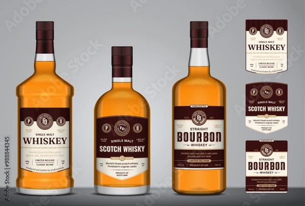 Fototapeta Whiskey, bourbon and scotch whisky labels and glass bottle mockups