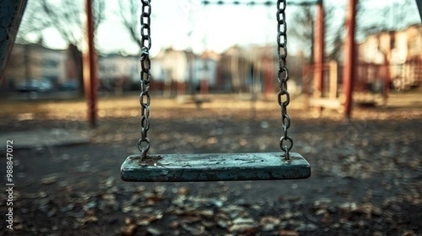 Fototapeta a broken swing in an empty playground, representing abandonment and lost innocence