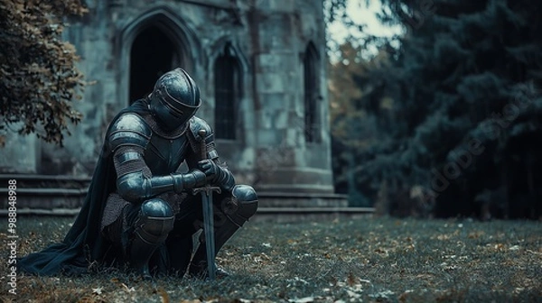 Fototapeta Kneeling knight. A knight in full suit of armor is kneeling and leaning on a sword