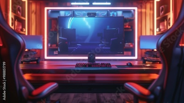 Fototapeta Vibrant E-Sports Event Background with Modern Gaming Setup and Neon Lighting in a Professional Gaming Arena