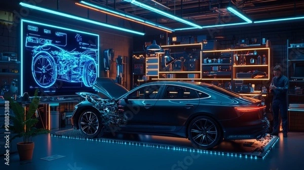 Fototapeta A modern workshop featuring a sleek car with an illuminated design, surrounded by digital displays and tools, epitomizing advanced automotive technology.