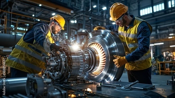 Obraz Workers assembling a jet engine in a factory, showcasing teamwork and engineering expertise in a highly industrial environment.