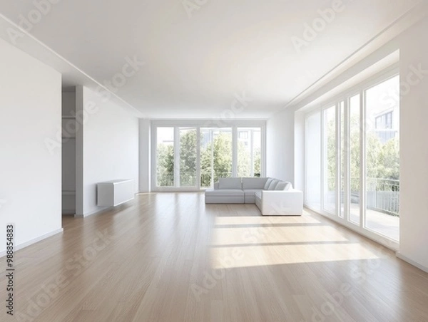 Fototapeta A large open living room with a white couch and a white wall. The room is very clean and has a lot of natural light