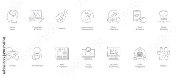 Fototapeta Mental Health, Photography and Editing, Weather, Cryptocurrency and Investment, Music Streaming, Travel and Booking, Recipe and Cooking, Gaming, Book Reading, News and Magazines mobile app icons