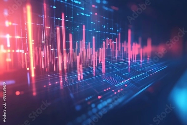 Fototapeta Abstract Technology Data Concept with Glowing Bars and Lines in Blue Red Light