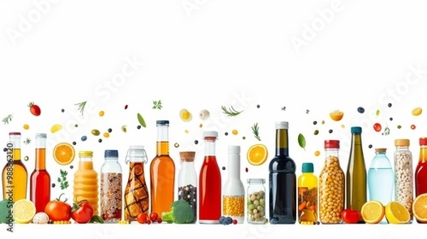 Fototapeta Frame Border Background of Health and Medical Supplies with Colorful Bottles and Fresh Ingredients