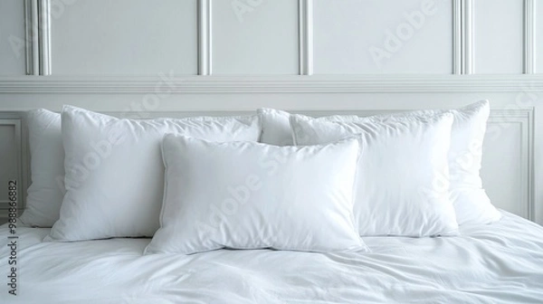 Fototapeta soft white pillows on a minimalist white bed featuring cozy bedding and a serene atmosphere, ideal for creating a peaceful and relaxing bedroom decor