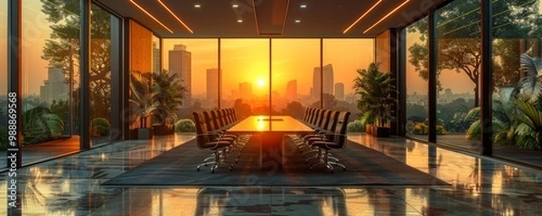 Fototapeta Modern Conference Room with Panoramic City View at Sunset, Elegant Office Interior Design with Large Windows and Natural Light