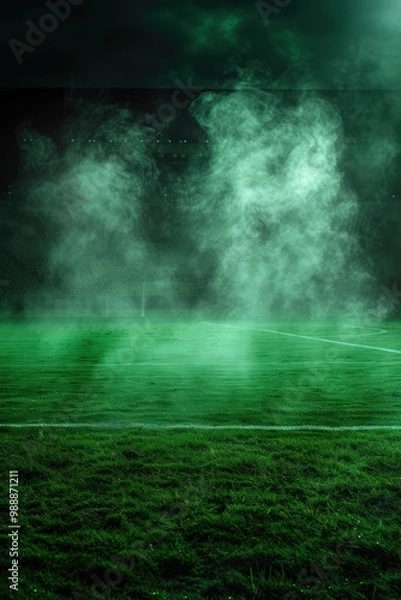 Fototapeta Dark green smoke field, light fog, stadium mist, green grass cloud, night soccer field, poison dust, floating sport, dirty transparent, sapphire hues,