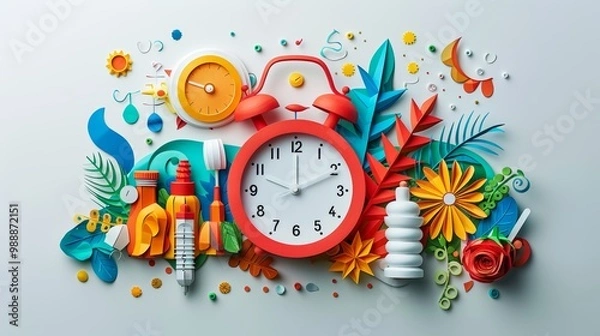 Fototapeta Vibrant Paper Art Collage Illustrating the Concept of Time with Clocks and Colorful Elements