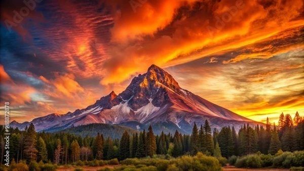 Fototapeta Vibrant dawn sky is ablaze with hues of crimson, amber, and gold, as the majestic mountain silhouette stands tall, its rugged contours etched against the psychedelic background