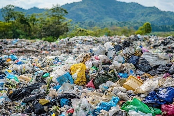 Fototapeta A large heap of discarded plastic waste in a landfill, illustrating pollution and environmental challenges, with the sunset in the background.