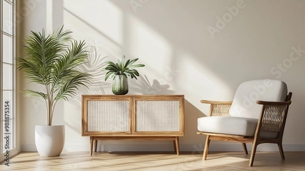 Fototapeta modern wooden cabinet displaying a green plant in a vase alongside a soft white armchair creating a cozy atmosphere perfect for Scandinavian style interior decoration and empty wall designs