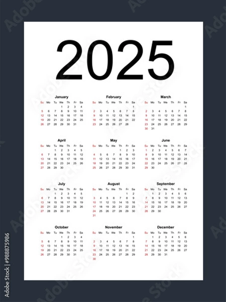Fototapeta Simple editable vector calendar for year 2025. Week starts from Sunday. Vertical. Isolated vector illustration on white background.
