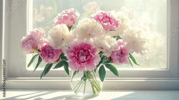 Obraz fresh pink and white peonies flowers in a vase on a windowsill with soft sunlight creating a peaceful natural backdrop perfect for product display presentations or home interior floral decor