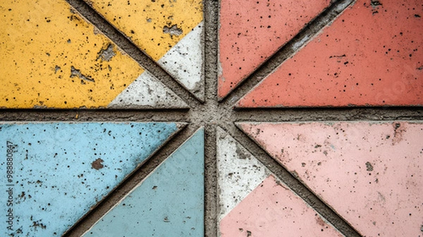 Fototapeta A close-up view of a colorful, geometric pattern with worn textures, showcasing unique color segments on a tiled surface.