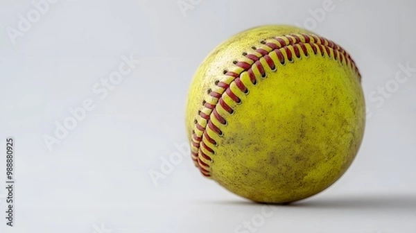 Fototapeta Yellow softballs with red stitching on a white background, featuring vibrant colors and high detail in a minimalist studio setting with sharp focus and athletic vibe.
