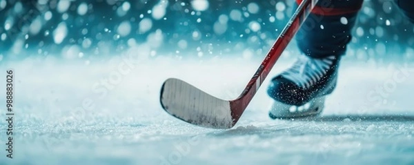Obraz Closeup of a hockey player s stick hitting the puck, ice spraying around them, showing the precision and power of the play