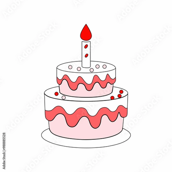 Fototapeta A two-tier birthday cake vector illustration with a single candle, ideal for festive birthday cards, celebration invitations, and party-themed graphics...