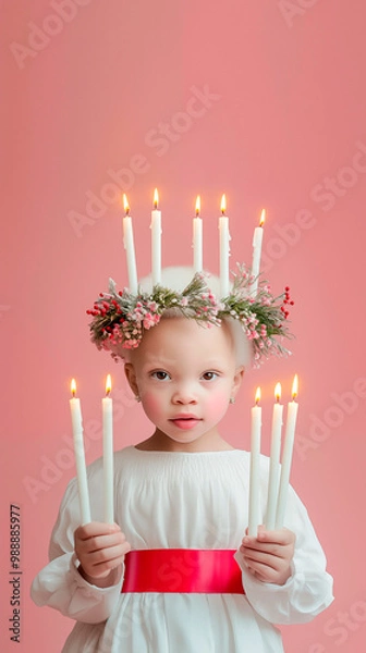 Fototapeta A little african albino girl dressed as Saint Lucia, with blonde hair and a green wreath on her head, in a white dress with a red belt and holding candles in her hands. Pink pastel background with. Hy