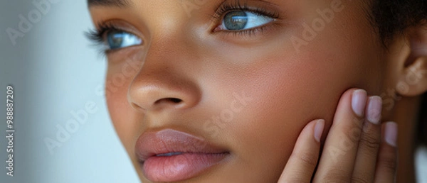Fototapeta Close-up of a thoughtful young woman touching her face, highlighting beautiful skin and serene expression.