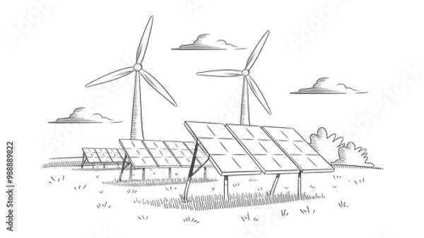 Fototapeta Hand Drawn Wind Turbines And Solar Panels