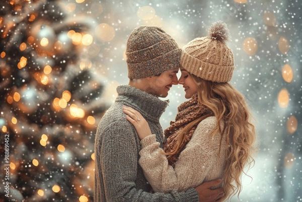 Obraz A romantic Christmas card featuring a loving couple holding hands