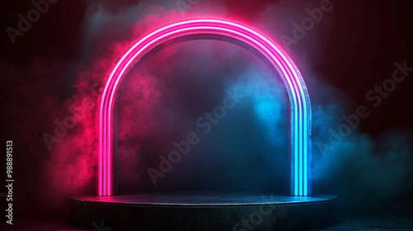 Obraz A vibrant neon arch surrounded by colorful fog, perfect for creative projects, events, or modern design themes.
