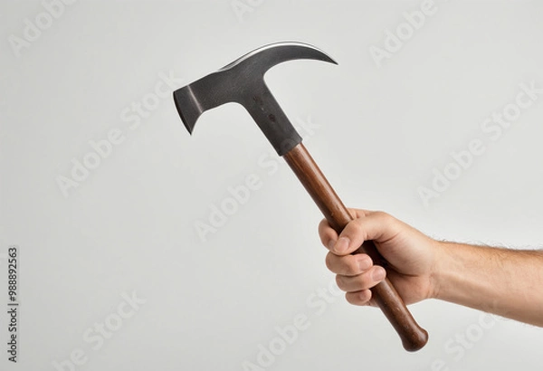 Fototapeta Hand holding a hammer on a white background
