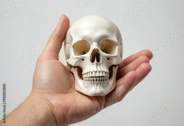 Fototapeta Hand holding skull on white background
