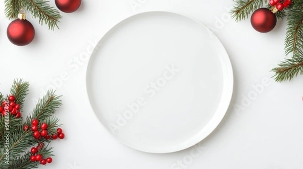 Fototapeta christmas table setting, empty plate with festive
