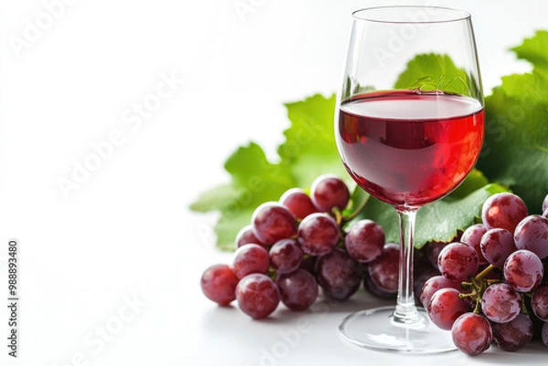 Fototapeta A wine banner featuring a glass of red wine and red grapes on a clean white background