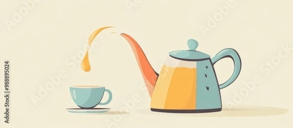 Fototapeta Retro cartoon illustration of a kettle pouring liquid featuring flat colors and a playful design