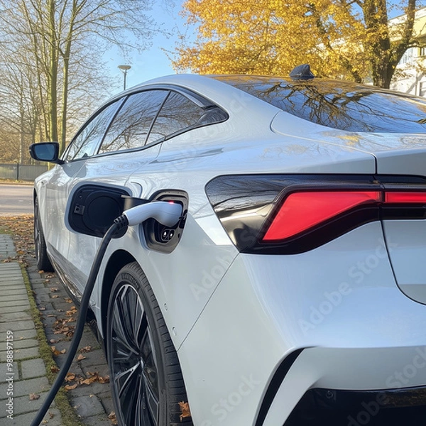 Fototapeta Closeup EV charger handle plugged in or connect to electric car, recharging EV car battery with alternative and sustainable energy with zero CO2 emission for clean environment. Perpetual