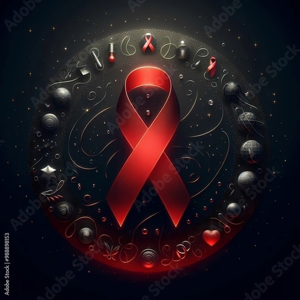Fototapeta Red ribbon with a symbol of AIDS on black background
