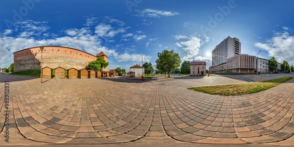 Fototapeta hdri 360 panorama near huge neo-gothic castle, defensive fortification and residence in full seamless spherical equirectangular projection with zenith ready for  VR virtual reality content