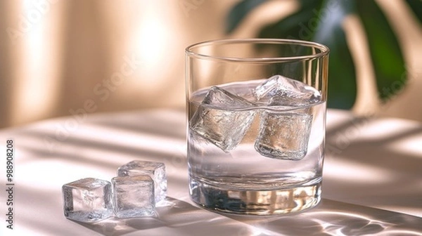 Fototapeta Refreshing Glass of Water with Ice Cubes on a Table