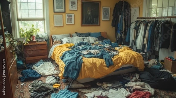 Fototapeta A messy bedroom with clothes scattered everywhere. This photo can be used for projects related to organization, cleaning, or procrastination.