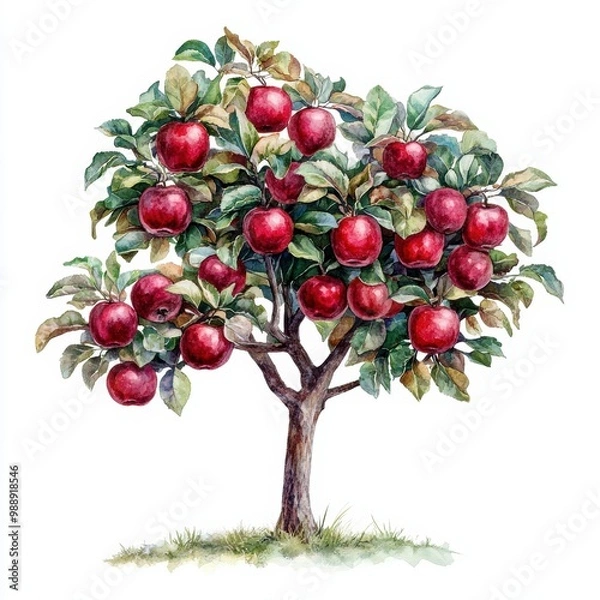 Obraz Apple tree with ripe red apples, white isolate background.