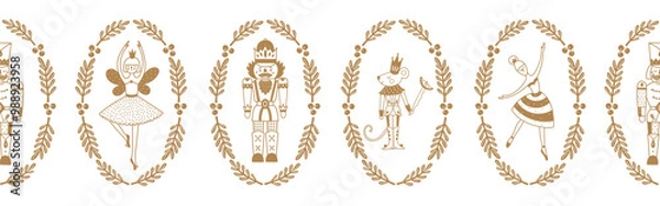 Obraz Nutcracker. Cute Christmas gorizontal border. Christmas motifs. Gold color.