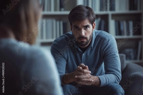 Obraz Sad man having counseling with psychotherapist at mental health center, Generative AI