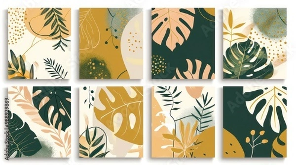 Obraz Six-piece wall art set with abstract depictions of tropical plants in green, beige, and yellow, including monstera leaves and boho floral patterns.