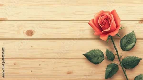 Fototapeta Elegant Rose Leaf Vector Illustration on Wooden Background for Valentine's Day | Minimalist Design with Ample Space
