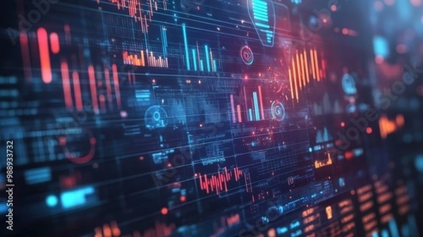 Fototapeta AI, Big Data, and business analytics icons represent the integration of advanced technology in analyzing graphs, business data, and market trends, driving strategic decisions and innovative solutions